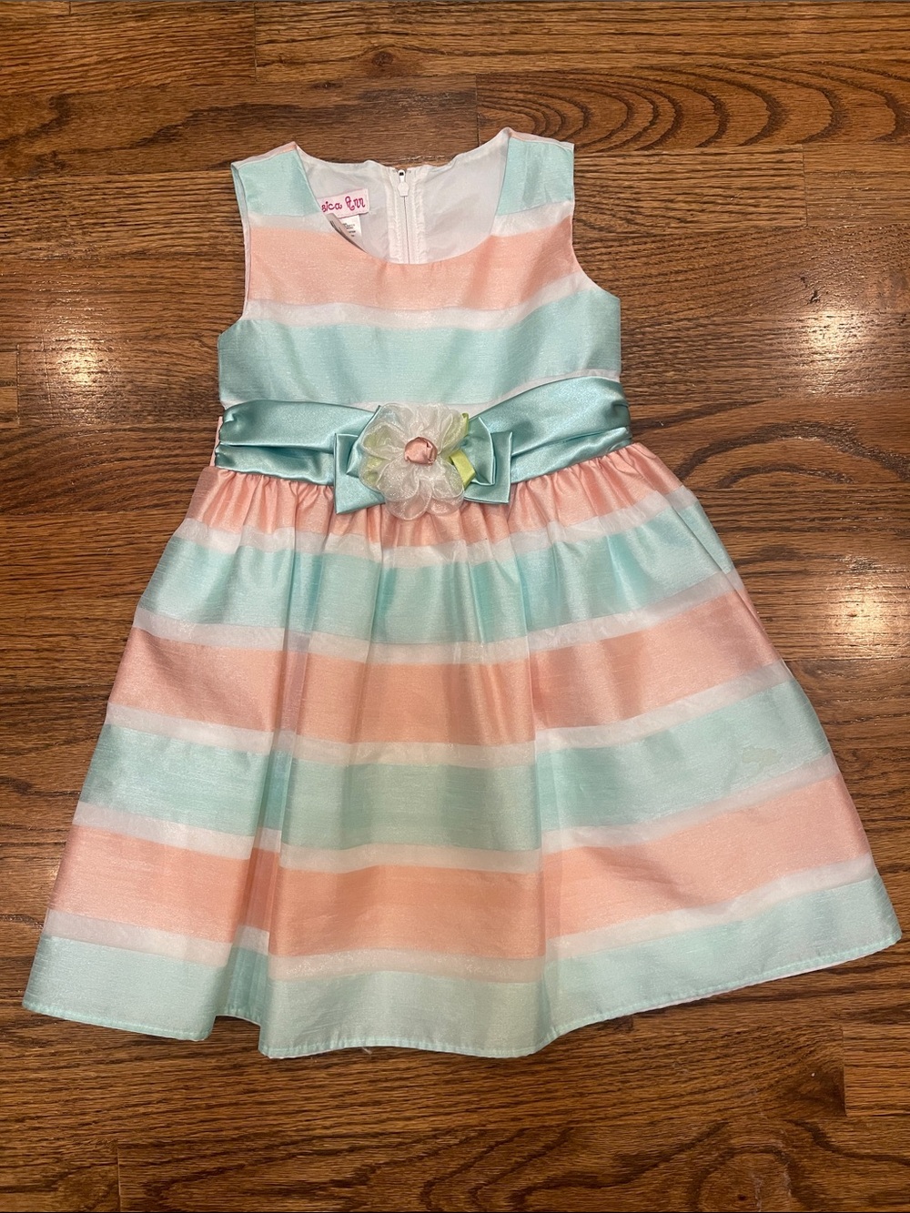 Girls Jessica Ann Pastel Striped Party Dress with Floral Sash size 4